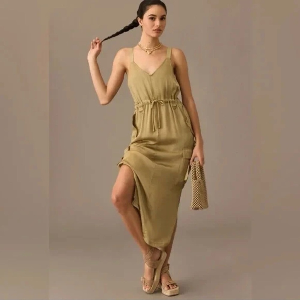 Anthropologie Love the Label Silky Utility Midi Dress in Moss Size S